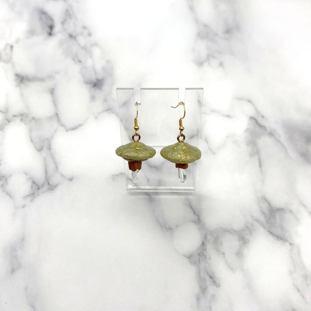 Green Mushroom Quartz Crystal Earrings | Polymer Clay Dangle with Moon and Star - Picture 2 of 10